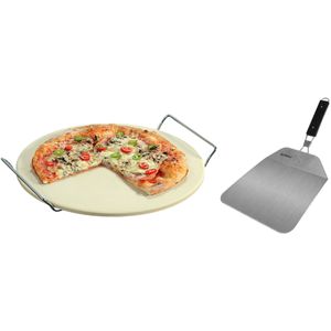 Keramieken pizzasteen rond 33 cm met handvaten en inklapbare RVS pizzaschep 25 cm