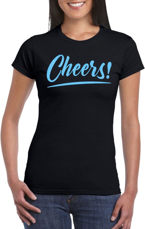 Bellatio Decorations Verkleed T-shirt voor dames - cheers - zwart - blauwe glitter - carnaval