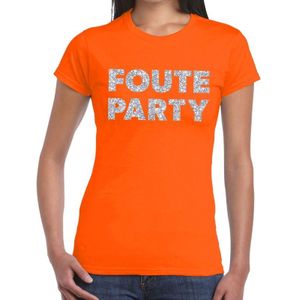 Foute Party zilveren letters fun t-shirt oranje voor dames