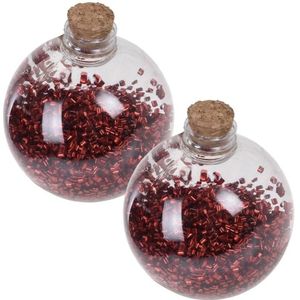 2x Kerstballen transparant/rood 8 cm met rode glitters kunststof kerstboom versiering/decoratie