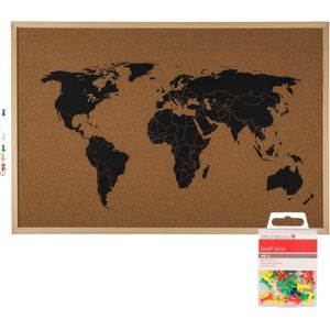 Prikbord wereldkaart met 40x punaises gekleurd - 60 x 40 cm - kurk