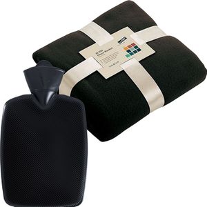 Winter voordeel combi - Fleece deken zwart met warmwaterkruik goud 2 liter