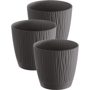 3x stuks stijlvolle kunststof plantenpot/bloempot dia 15 cm/hoogte 14 cm Waves antraciet grijs