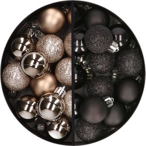 34x stuks kunststof kerstballen champagne en zwart 3 cm
