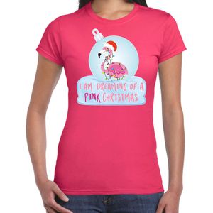 Roze Kerstshirt / Kerstkleding I am dreaming of a pink Christmas voor dames met flamingo kerstbal