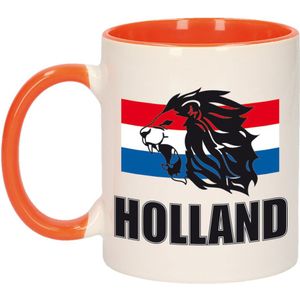 Mok/ beker wit en oranje Holland vlag en leeuw 300 ml