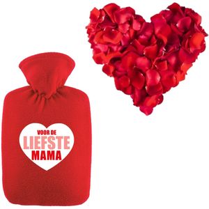 Liefste mama warmwaterkruik rood 2 liter fleece hoes en rozenblaadjes