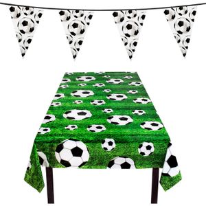 Voetbal versiering feestpakket - tafelkleed 120 x 180 cm - vlaggenlijn 6 m