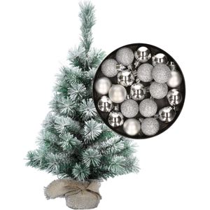 Besneeuwde mini kerstboom/kunst kerstboom 35 cm met kerstballen zilver