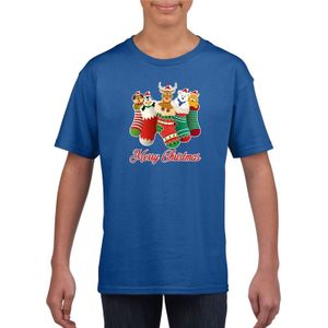 Blauw kerst shirt  / kerstkleding Merry Christmas dieren kerstsokken voor kinderen
