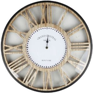 Urban Living Wandklok Grand Central - Open structuur - Dia 50 cm - hout/kunststof - beige/grijs