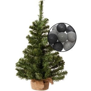 Mini kerstboom groen met verlichting - in jute zak - H60 cm - zwart/grijs