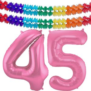 Leeftijd feestartikelen/versiering grote folie ballonnen 45 jaar glimmend roze 86 cm + slingers