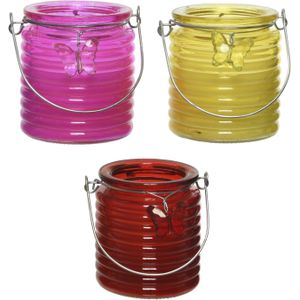 Citronella kaars - 3x - in windlicht - roze/geel en rood - 20 branduren - citrusgeur