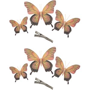 6x stuks decoratie vlinders op clip - geel/roze - 3 formaten - 12/16/20 cm