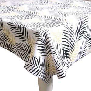 Tafelzeil/tafelkleed wit met zwarte/gouden palmbladeren print 140 x 250 cm - Tuintafelkleed
