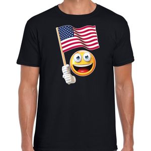 Amerika fan shirt met emoticon en Amerikaans zwaaivlaggetje zwart voor heren