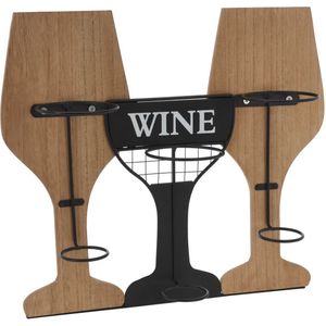 Metalen/houten wijnflessen rek/wijnrek in de vorm van 2 wijnglazen voor 3 flessen 35 x 15 x 31 cm