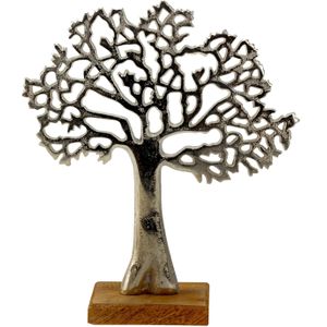 Decoratie levensboom - Tree of Life - aluminium/hout -  23 x 26 cm - zilver kleurig
