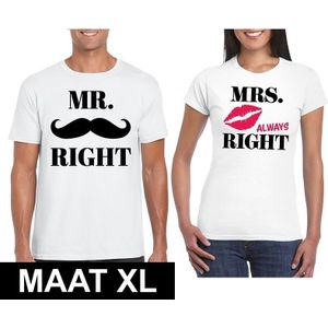 Bruiloft cadeau Mr. Right en Mr. Right Mrs. Always Right t-shirt wit dames en heren maat XL