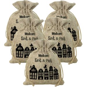 Pakket van 5x stuks mini Sinterklaas jute cadeau zakken Welkom Sint en Piet print met koord 18 x 25