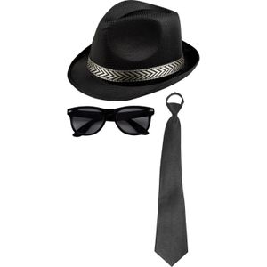 Carnaval verkleedset Men in black - hoed/zonnebril/stropdas - zwart - heren/dames - verkleedkleding