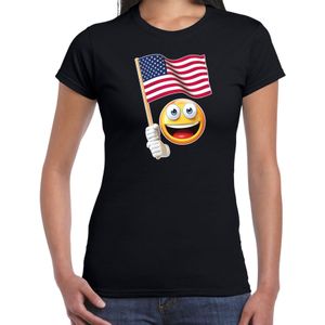Amerika fan shirt met smiley en USA zwaaivlaggetje zwart voor dames