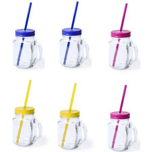 6x stuks drink potjes van glas Mason Jar geel/blauw/roze 500 ml