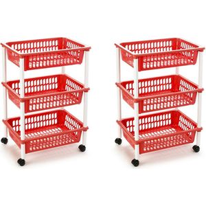 2x stuks opberg trolley/roltafel/organizer met 3 manden 40 x 30 x 61,5 cm wit/rood