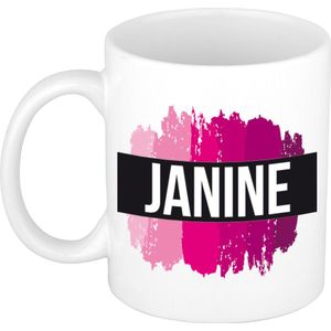 Janine  naam / voornaam kado beker / mok roze verfstrepen - Gepersonaliseerde mok met naam
