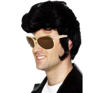 Elvis Rock an roll star verkleed set pruik zwart en bril voor heren