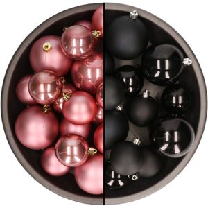 Kerstversiering kunststof kerstballen mix zwart/oud roze 4-6-8 cm pakket van 68x stuks