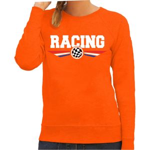 Racing / autosport supporter sweater / trui met finish vlag en Nederlandse kleuren oranje voor dames
