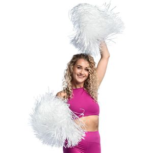 Boland Cheerballs/pompoms - 2x - wit - met franjes en ring handgreep - 28 cm - voor cheerleaders