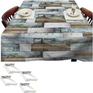 Blauwe tafelkleden/tafelzeilen houten planken print 140 x 250 cm rechthoekig met 4x tafelkleedklemmen