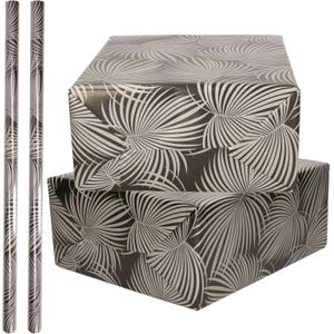 3x Rollen folie inpakpapier/cadeaupapier metallic zwart/zilver met bladeren 70 x 200 cm