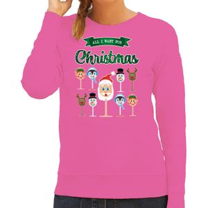 Bellatio Decorations foute kersttrui/sweater dames - Kerst Wijn - roze - All I Want For Christmas