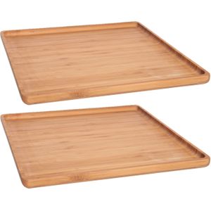 Set van 2x Stuks Bamboe Houten Dienbladen 26 X 26 cm met Opstaande Rand Vierkant