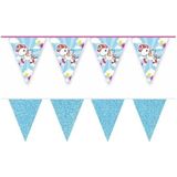 2x Eenhoorns thema vlaggenlijnen print en blauwe glitters kinderfeestje/kinderpartijtje versiering/decoratie