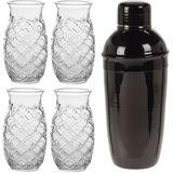 4x Cocktailglazen / Pina Colada glazen transparant 500 ml + Cocktailshaker zwart 500 ml RVS