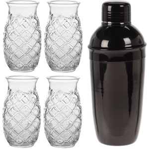 4x Cocktailglazen / Pina Colada glazen transparant 500 ml + Cocktailshaker zwart 500 ml RVS