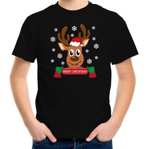 Bellatio Decorations kerst t-shirt voor kinderen - Merry Christmas - rendier - zwart