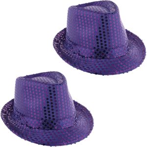 Funny Fashion Carnaval verkleed Trilby hoedje met glitter pailletten - 2x - paars - heren/dames