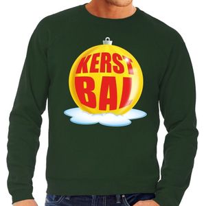 Foute feest kerst sweater met gele kerstbal op groene sweater voor heren