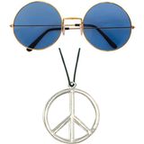 Hippie Flower Power Sixties verkleed set ketting met blauwe party bril