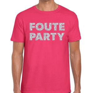 Foute party zilveren letters fun t-shirt roze voor heren