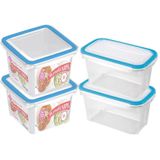 4x Voedsel plastic bewaarbakjes 1,2 en 2 liter transparant/blauw