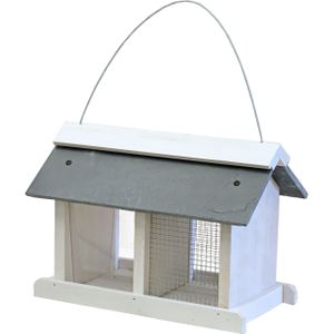 Vogelhuisje/voedersilo met twee vakken wit hout/leisteen 31 cm