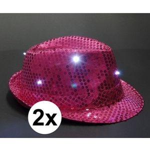 2x Toppers glitter hoedjes roze met LED verlichting