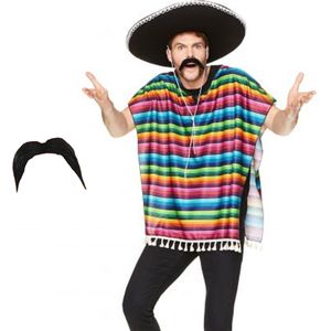 Carnaval verkleed set - Mexicaanse poncho met snor - voor volwassenen